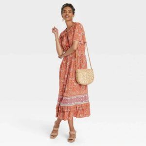 Knox Rose Women's Flutter Sleeve Smocked Dress - Light Brown Floral XS